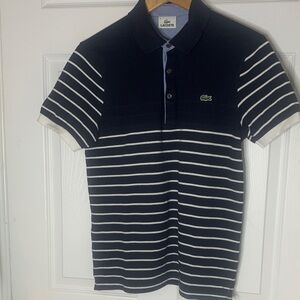 Lacoste Navy & White Striped Polo with Embroidered Crocodile